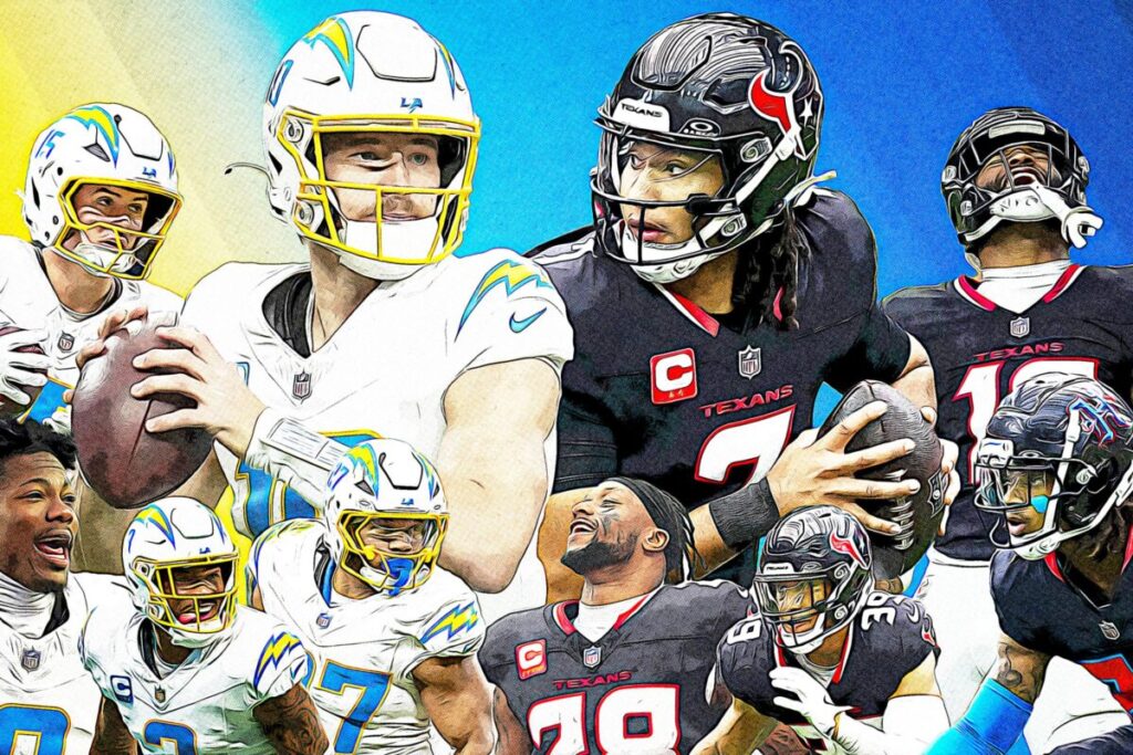 Jugadores de Texans y Chargers en acción en un partido de la NFL, previo al duelo Chargers vs Texans con impacto en la clasificación.