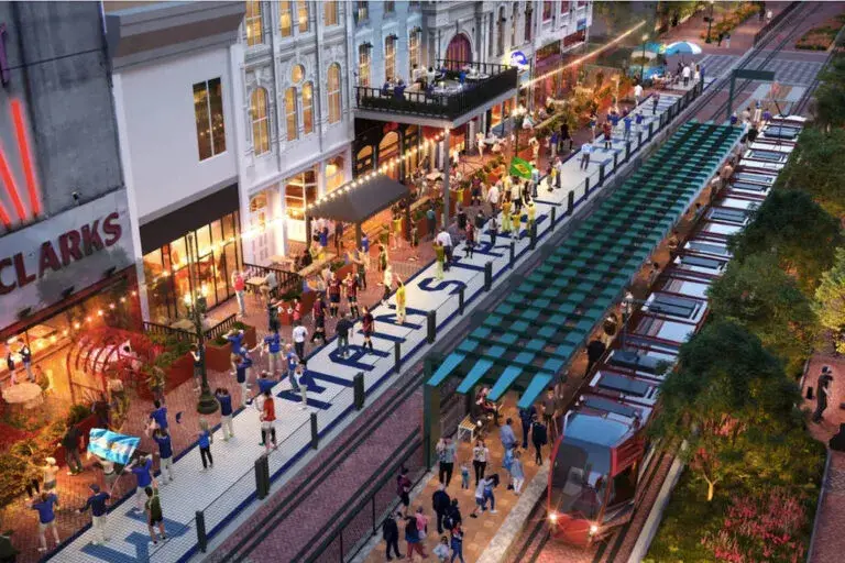 Paseo de Main Street Houston con áreas peatonales, comercios y espacios públicos renovados