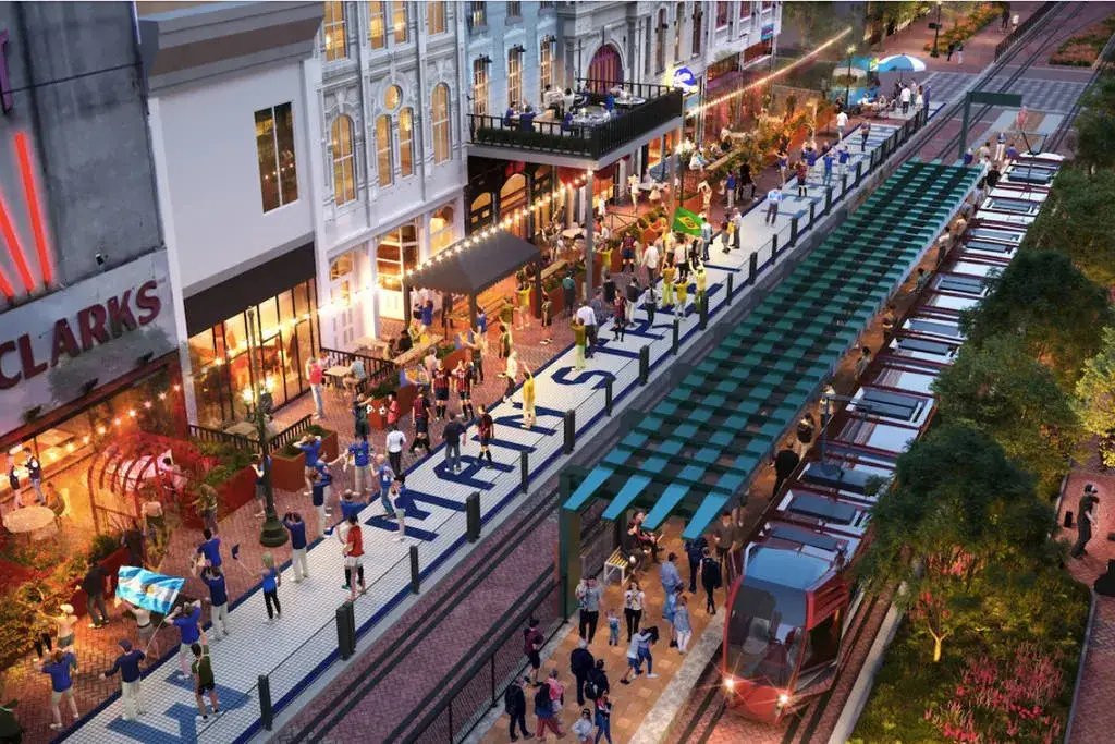 Paseo de Main Street Houston con áreas peatonales, comercios y espacios públicos renovados