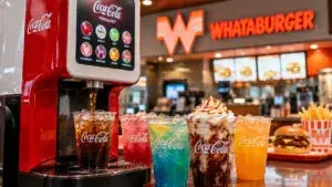Dispensador Coca-Cola sirviendo un refresco junto a bebidas personalizadas en una escena conceptual de Whataburger