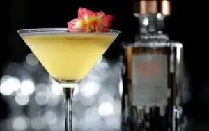 Una copa de martini de color violeta junto a un espresso martini con espuma, iluminación elegante de bar y una presentación contemporánea.